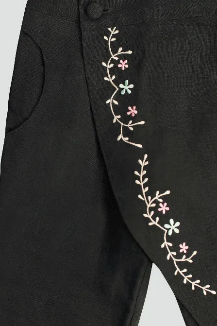 Girls Sari Pants: Graphite Grey Linen Embroidered Isella Pant