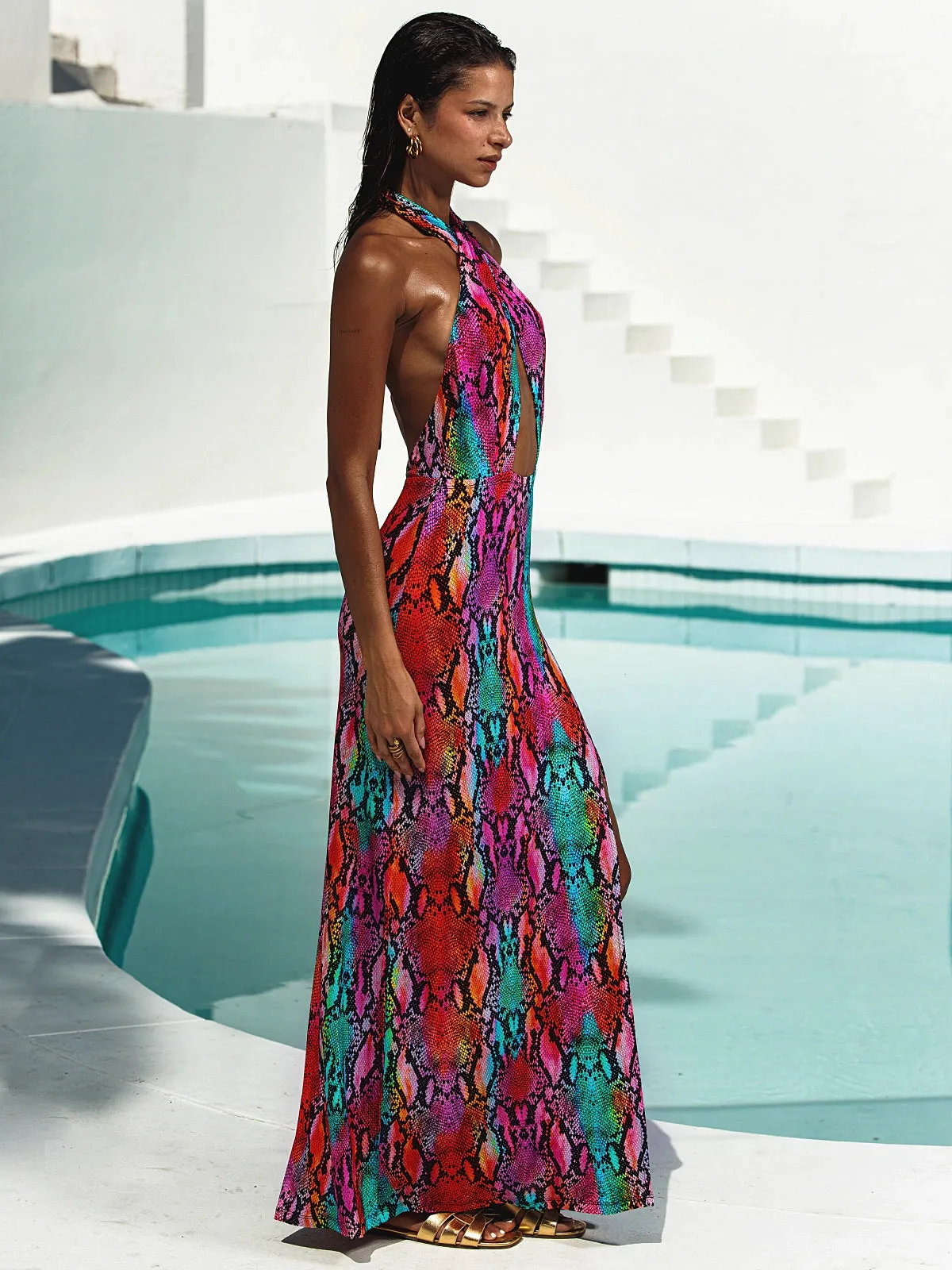 Halter Neck Cut Out Long Dress