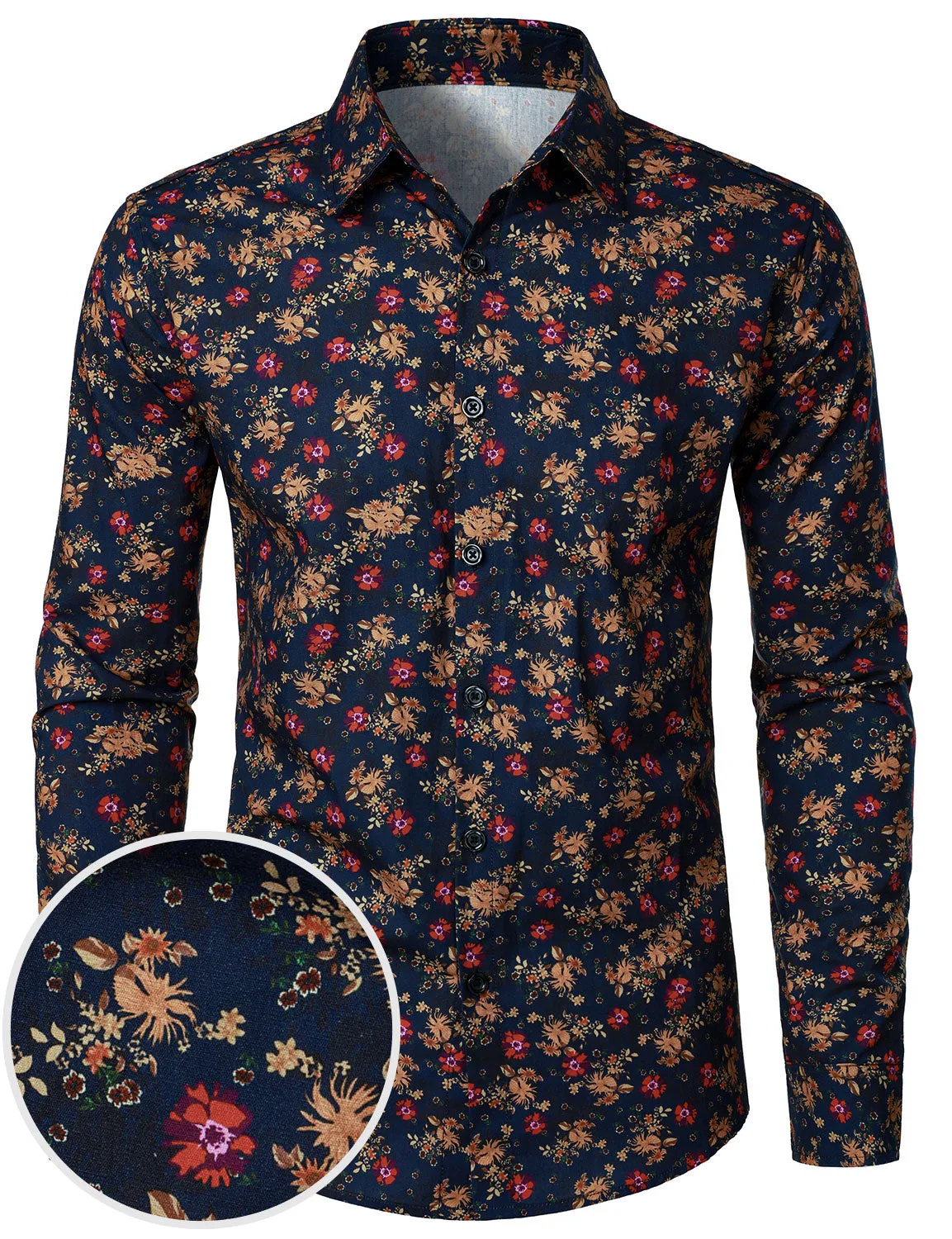 Men's Cotton Floral Casual Button Long Sleeve Dress Shirt