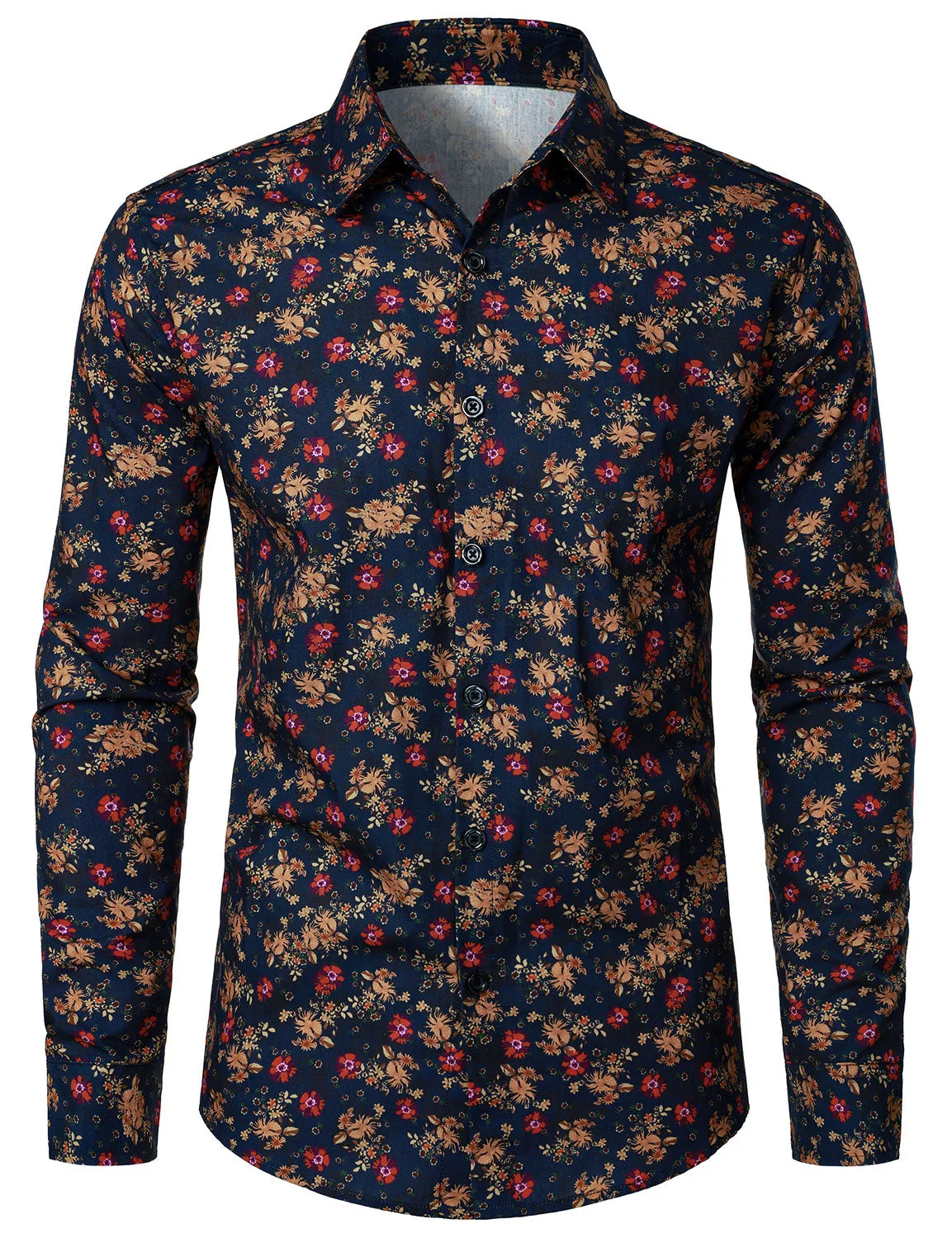 Men's Cotton Floral Casual Button Long Sleeve Dress Shirt