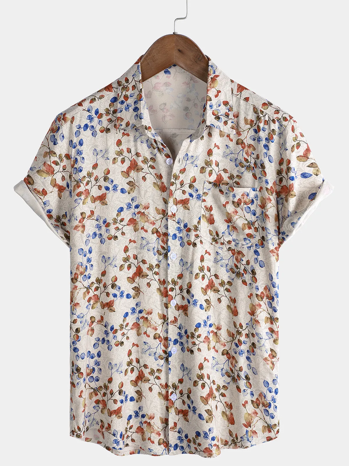 Men's Floral Print Vintage Holiday Khaki Hawaiian Short Sleeve Shirt