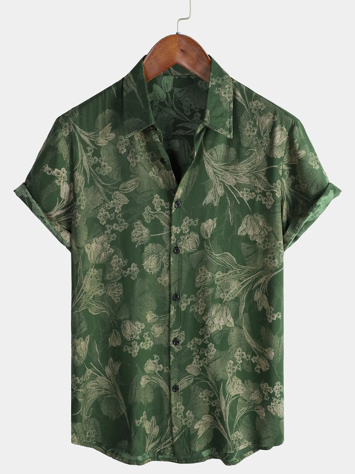 Men's Green Vintage Holiday Breathable Hawaiian Botton Short Sleeve Shirt