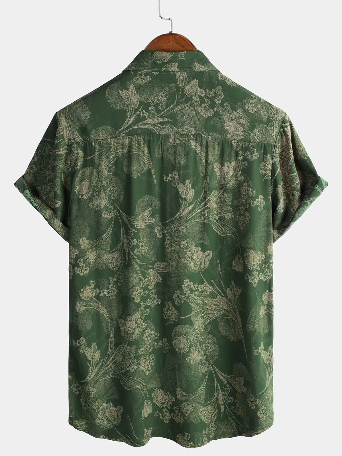 Men's Green Vintage Holiday Breathable Hawaiian Botton Short Sleeve Shirt