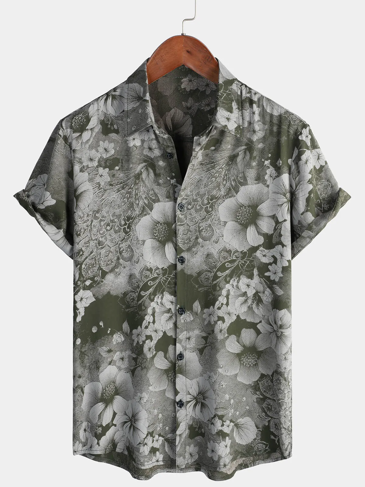 Men's Retro Green Breathable Hawaiian Holiday Botton Short Sleeve Shirt