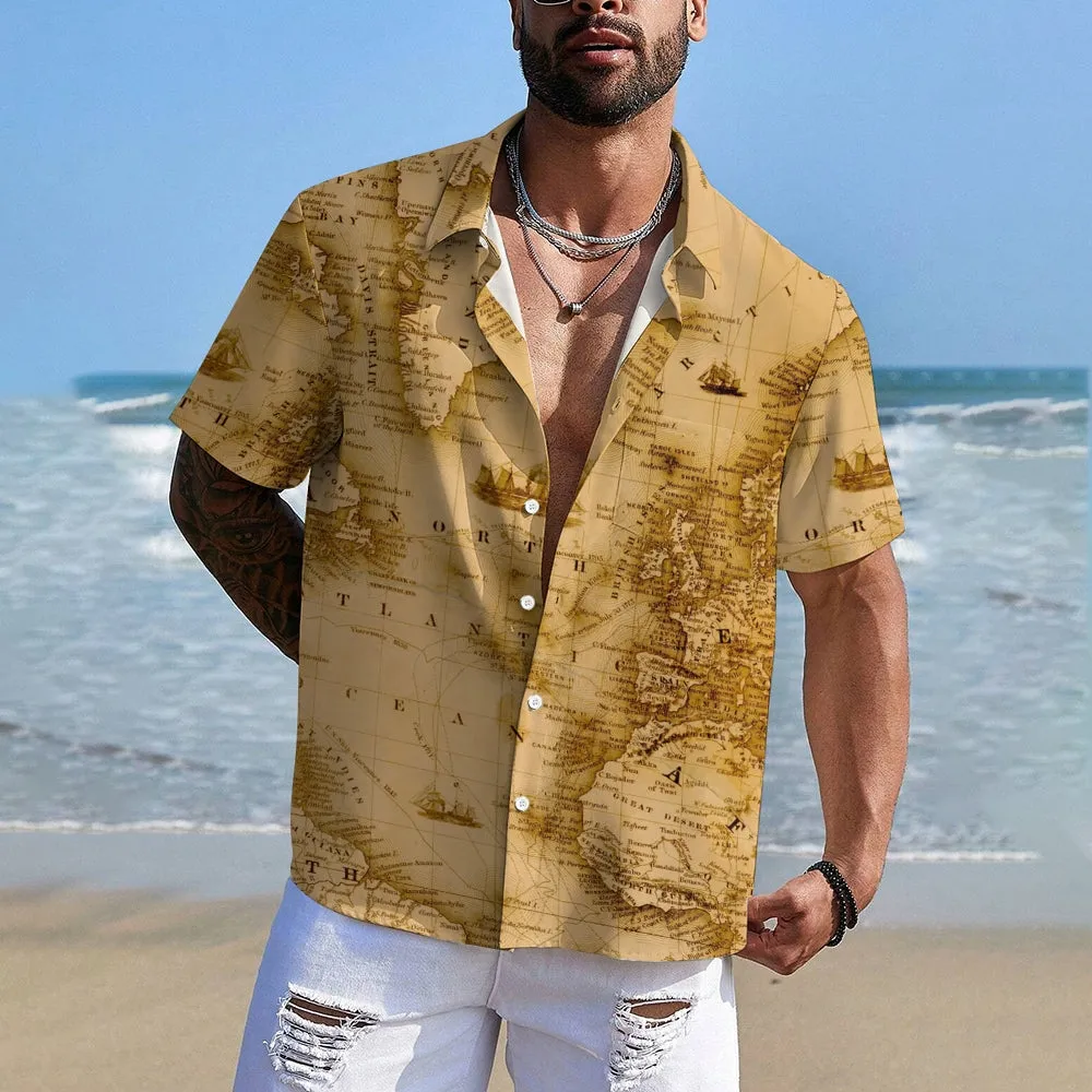Men's Vintage Map Breathable Casual Fashion Chest Pocket Short Sleeve Shirt 2307101614
