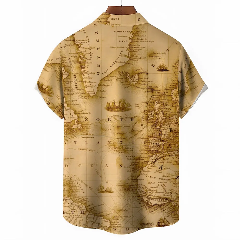 Men's Vintage Map Breathable Casual Fashion Chest Pocket Short Sleeve Shirt 2307101614
