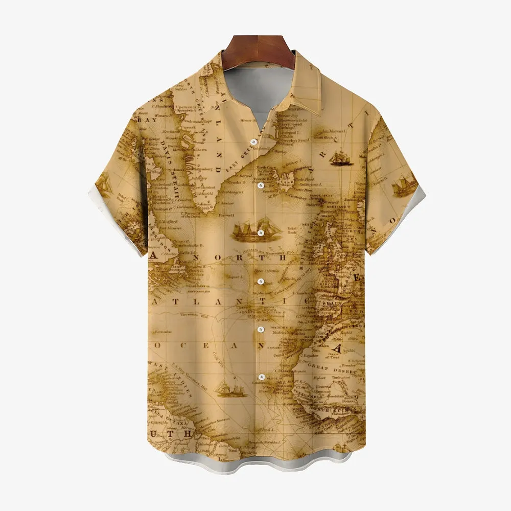 Men's Vintage Map Breathable Casual Fashion Chest Pocket Short Sleeve Shirt 2307101614