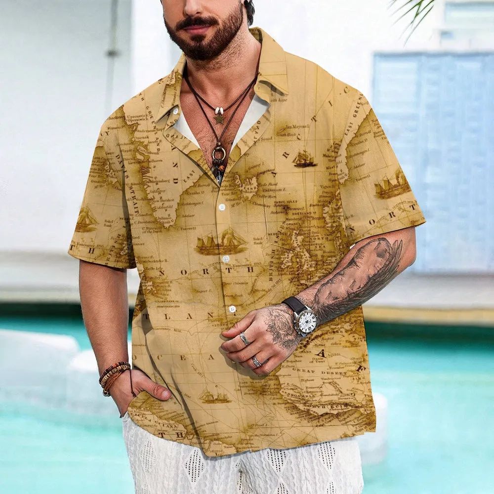 Men's Vintage Map Breathable Casual Fashion Chest Pocket Short Sleeve Shirt 2307101614