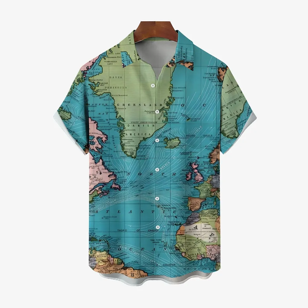Men's World Map Breathable Casual Fashion Chest Pocket Short Sleeve Shirt 2307101611