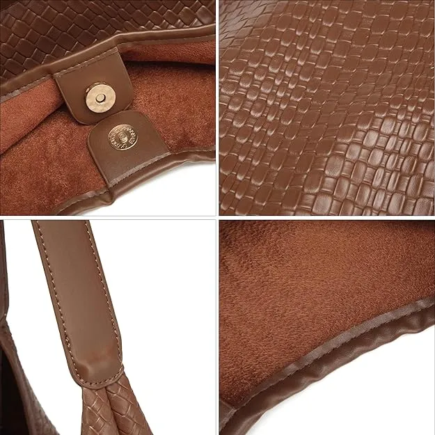 NEW Woven Soft Faux Leather Hobo Bag for Women Top-handle Shoulder Bag Large Capacity Woven Tote Bags for Women Brown