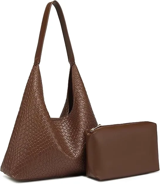 NEW Woven Soft Faux Leather Hobo Bag for Women Top-handle Shoulder Bag Large Capacity Woven Tote Bags for Women Brown