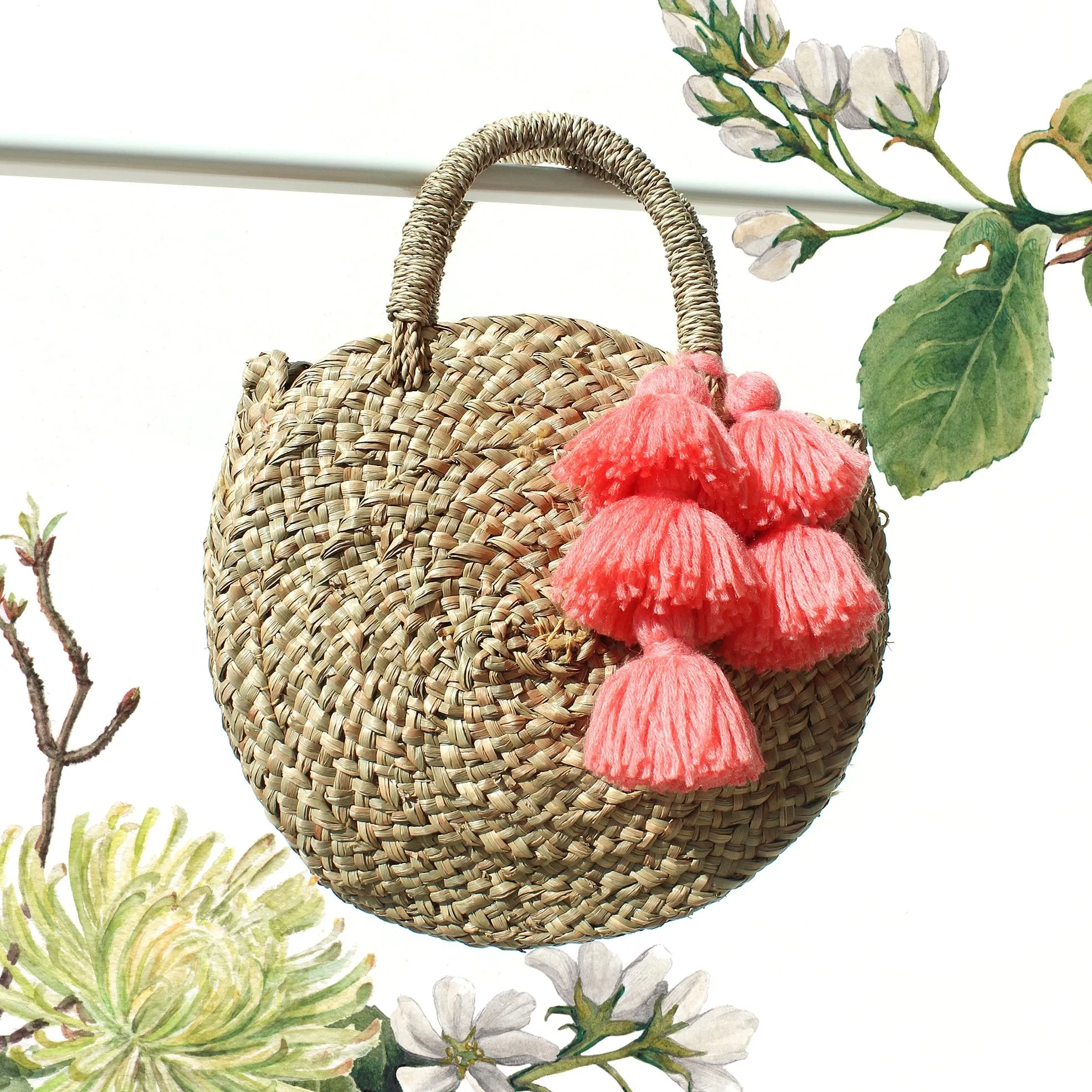 Petite Luna Bag - Round Straw Tote Bag with Pink