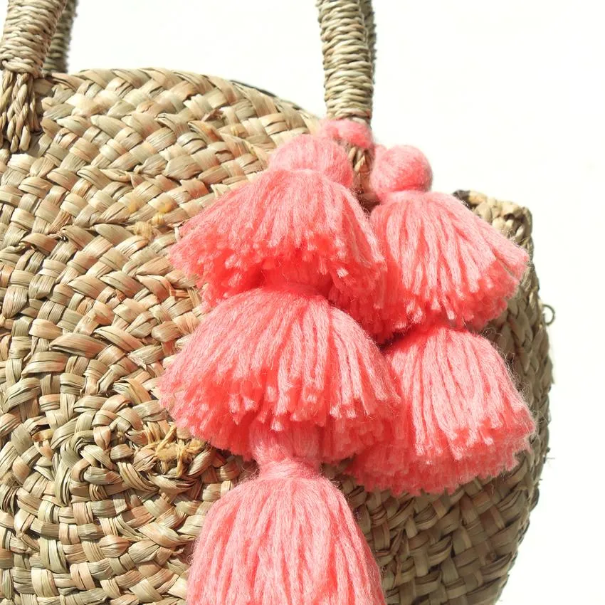 Petite Luna Bag - Round Straw Tote Bag with Pink