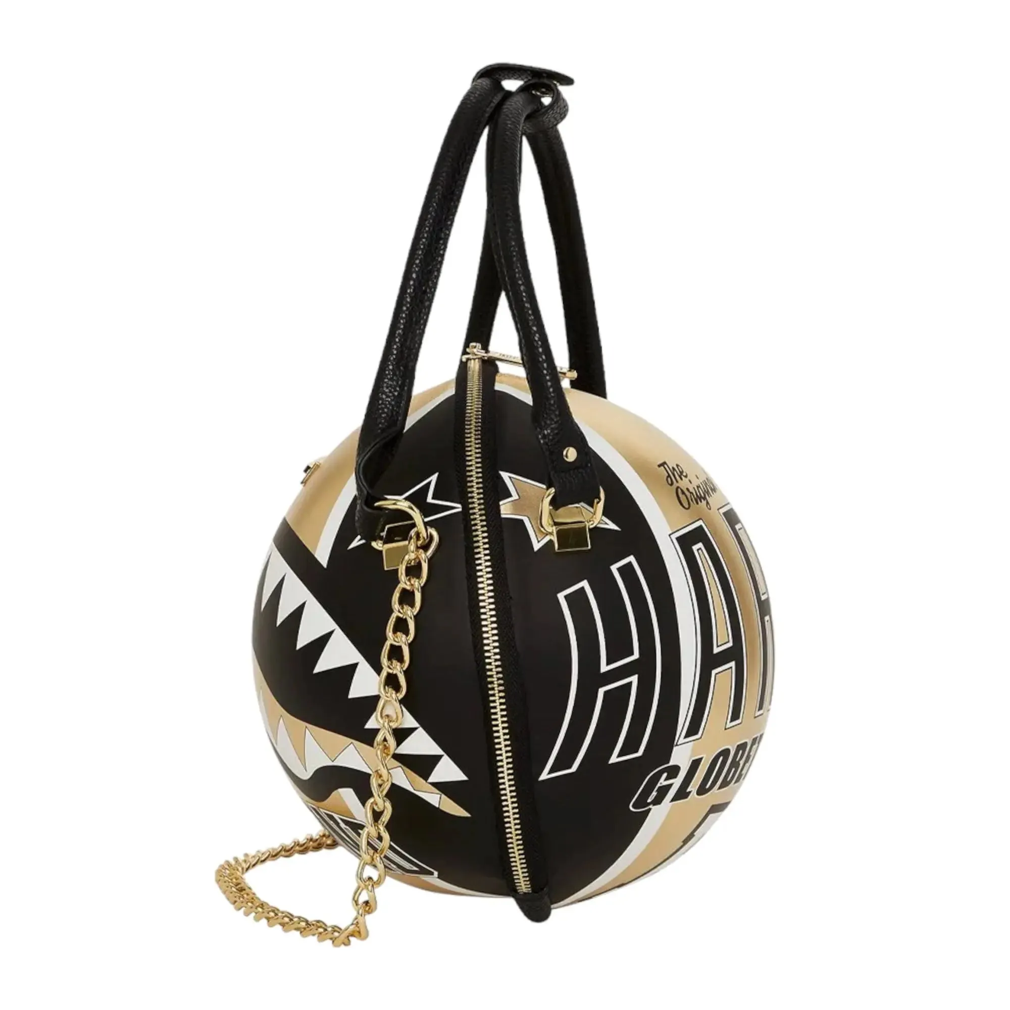 SprayGround Men Harlem Globetrotters Basketball shaped bag (Black Gold)